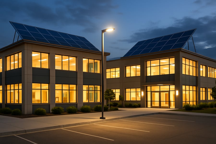 Commercial buildings with energy-efficient lighting and solar panels Commercial buildings with energy-efficient lighting and solar panels